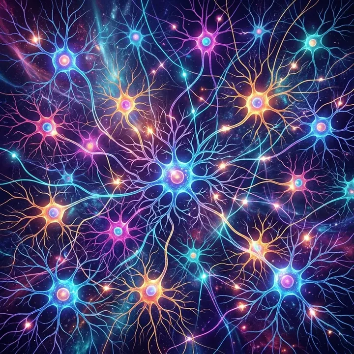 Glowing brain cells (neurons) connected to each other by thin branches