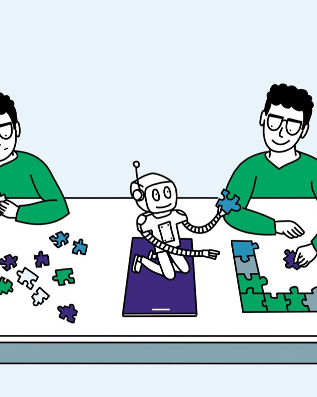 Two kids and a small robot solving a puzzle together at a table.